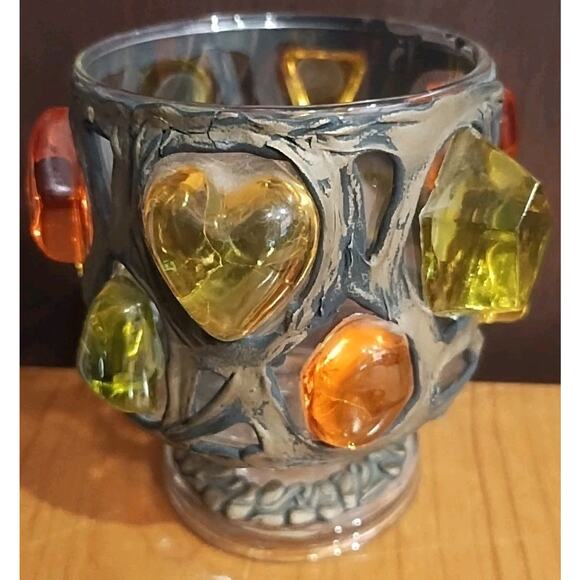 Vintage Stained glass Bead Votive Candle Holder 70s orange yellow green goblet - Picture 2 of 7